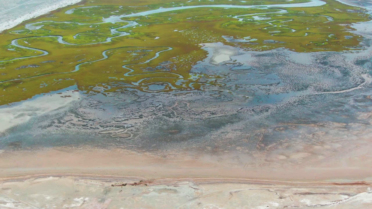 Punta Abreojos aerial view with green wetland at the top, scattered tide pools and dark mud textures in the center, and pale sand along the lower shoreline, with no visible people.