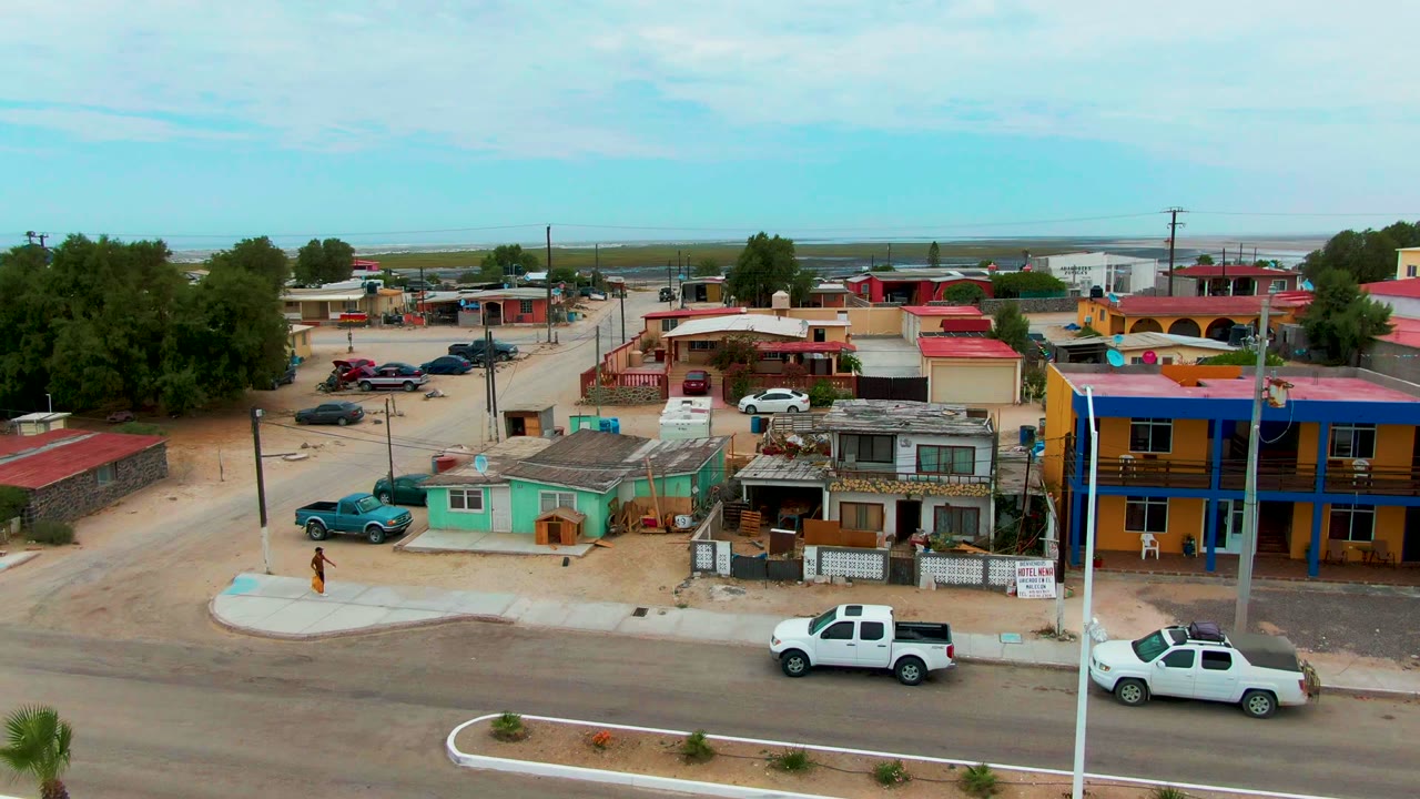 Punta Abreojos street view showing the blue-and-yellow building near the right edge, a white pickup on the road, a white SUV in the foreground, low homes, trees, and the walking person near the sidewalk.