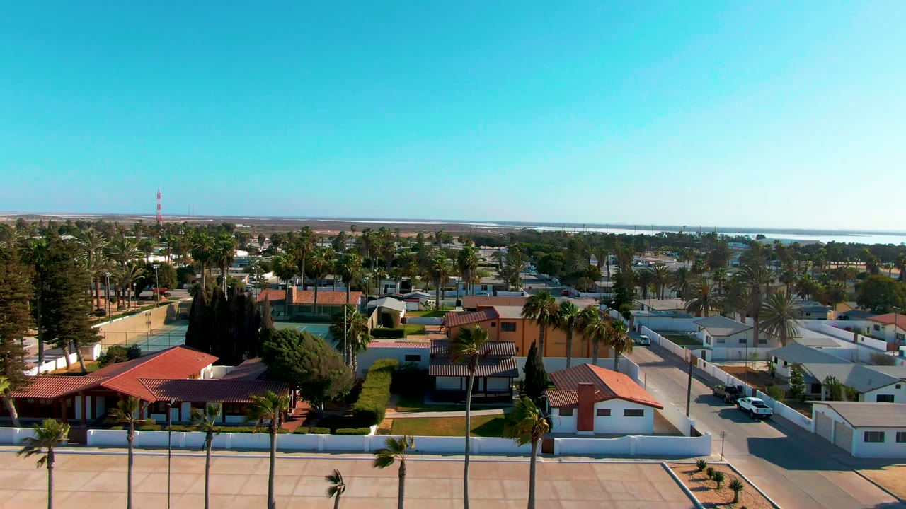 Aerial view over Guerrero Negro homes and palm trees, with white residential walls, red roofs, a broad street grid, distant water, flat land beyond, and no visible people.