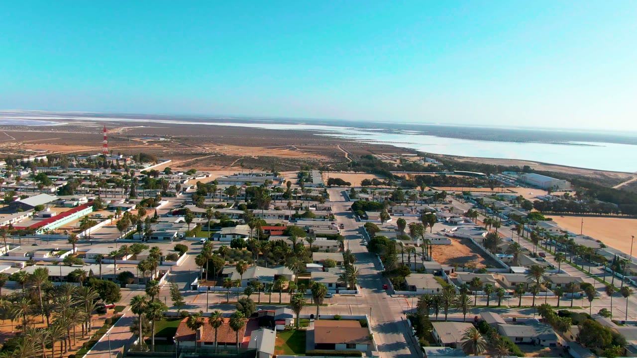 Aerial frame over Guerrero Negro, Baja California Sur, with low residential blocks, palm-lined streets, dry terrain, a distant communications tower, pale water in the background, and no visible people.