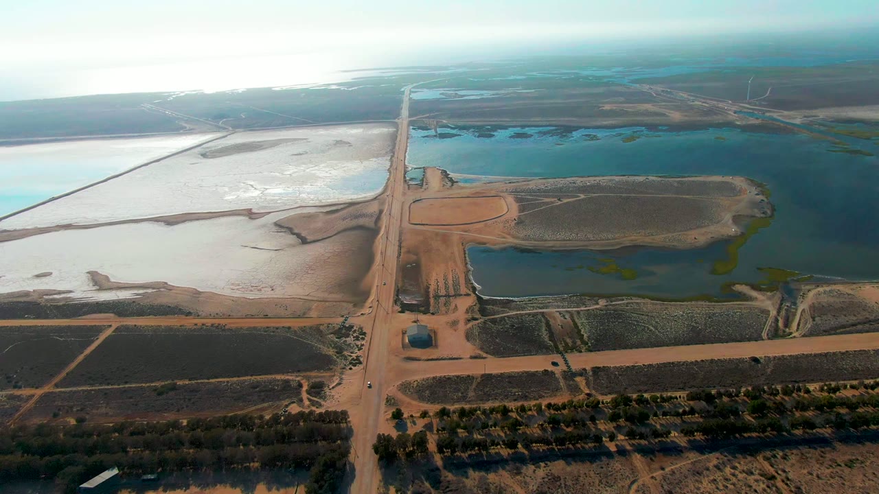 High drone view over Guerrero Negro farmland, with the dirt road centered, a small blue structure near the lower road junction, reflective flats, ponds, and no visible people.