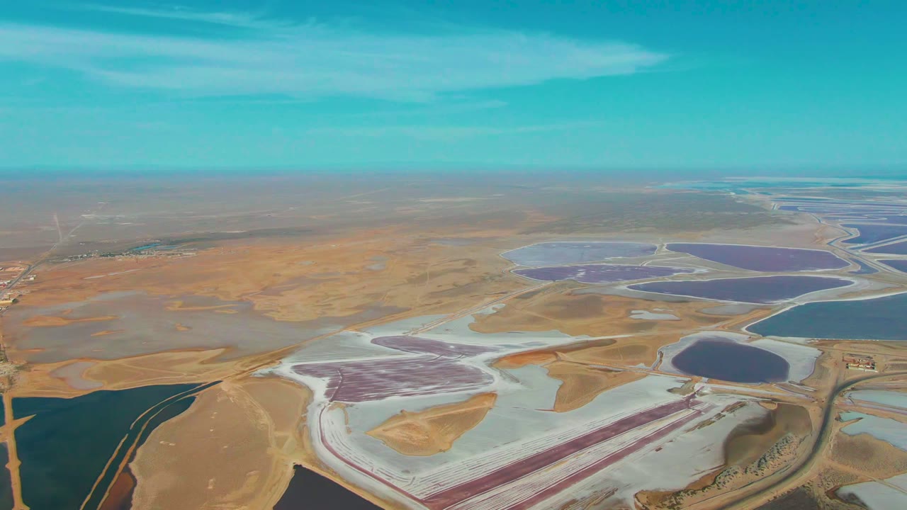 Aerial view of divided salt ponds with purple basins and desert roads.