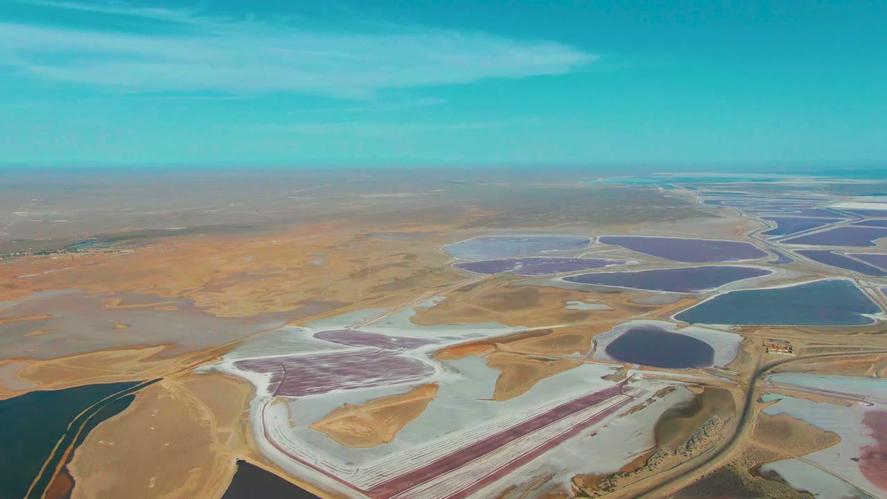 Wide drone view of pink and blue salt ponds with dry desert around them.