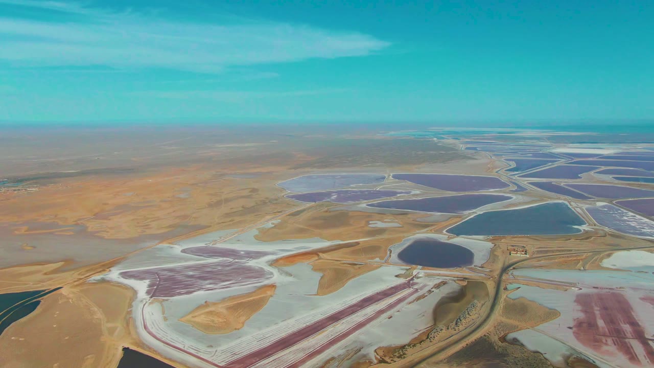 Aerial view over Guerrero Negro salt evaporation ponds with pink and blue basins, white salt edges, sandy desert, distant horizon, and no visible people.
