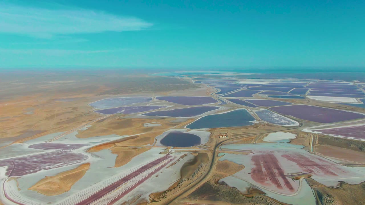 Wide drone view of colored evaporation ponds and salt flats.