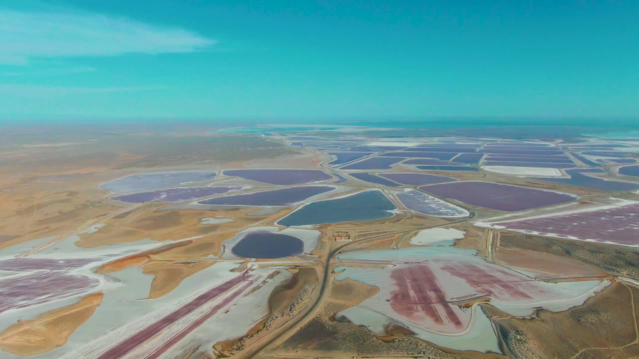 Drone-height view over Guerrero Negro with blue and purple salt ponds divided by narrow roads and pale mineral flats, with no visible people.