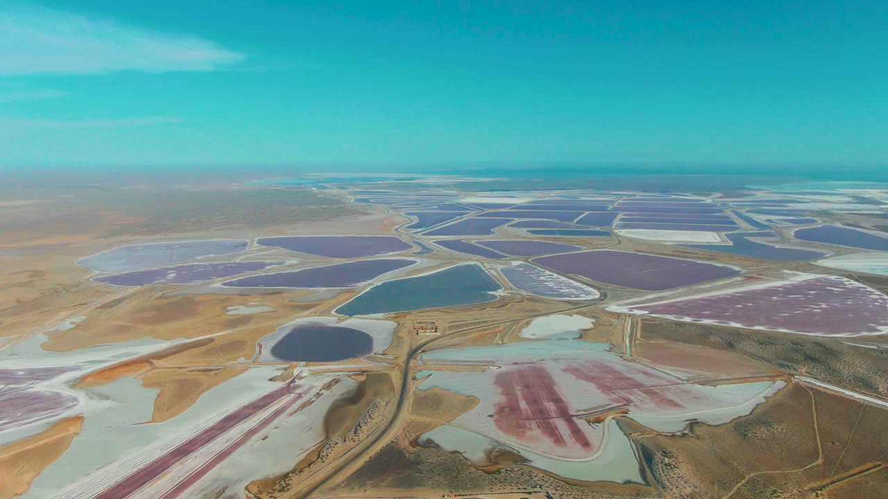 The frame shows Guerrero Negro evaporation ponds arranged in large blocks of purple, blue, and pale water with tan desert land in the foreground and a level horizon, no visible people.
