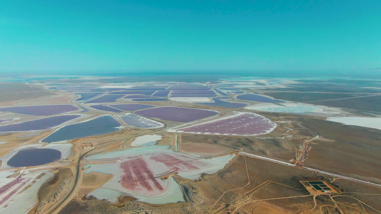 High aerial frame over Guerrero Negro with geometric salt ponds stretching toward the horizon, a pale blue basin left of center, pink mineral areas in front, and no visible people.