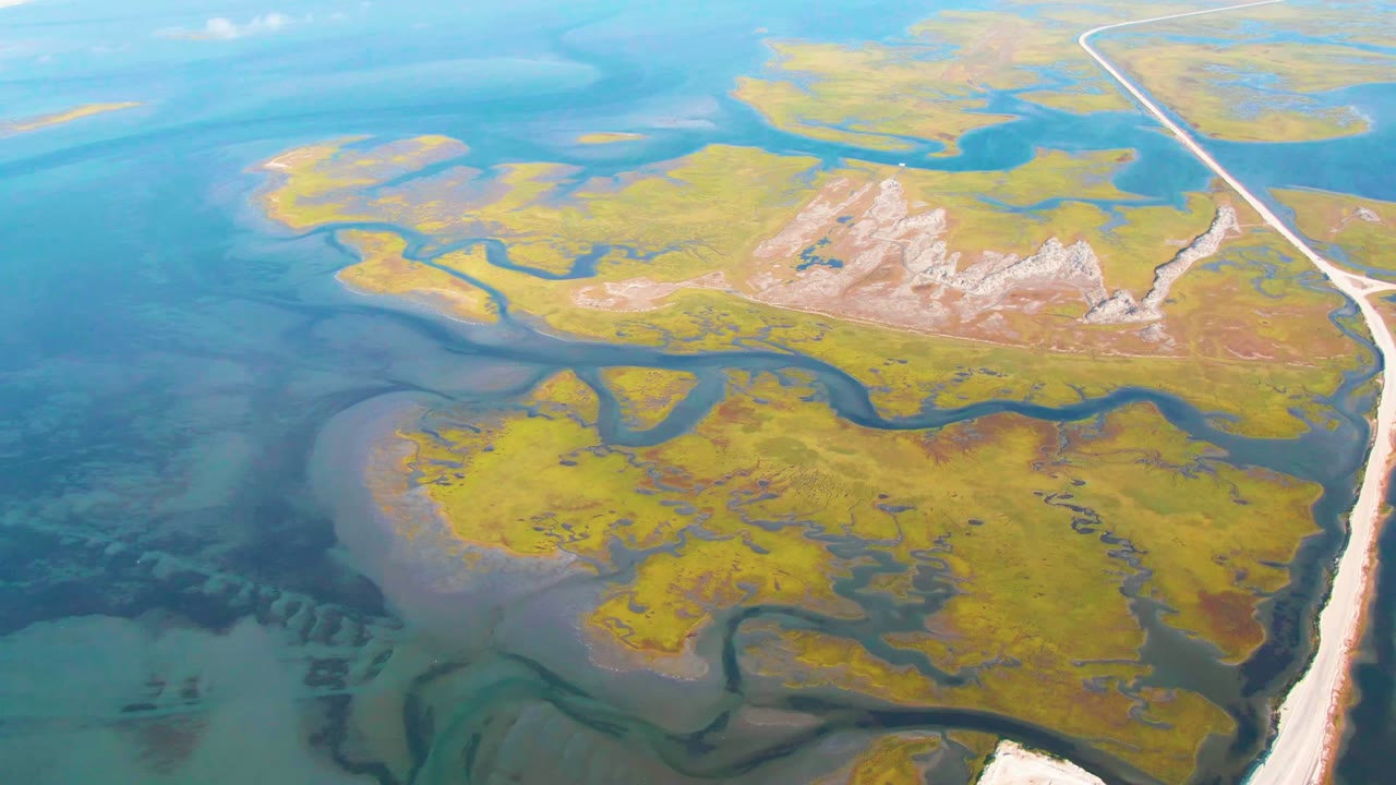 Aerial view over Guerrero Negro coastal wetlands with turquoise shallow water, yellow green marsh islands, dark winding channels, pale exposed ground, a road along the right edge, and no visible people.
