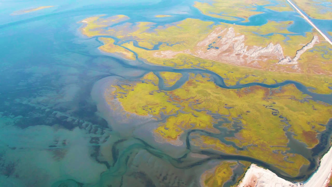 Aerial view over Guerrero Negro tidal flats with yellow-green marsh areas, dark branching channels, turquoise shallow water, pale sand edges, and no visible people.