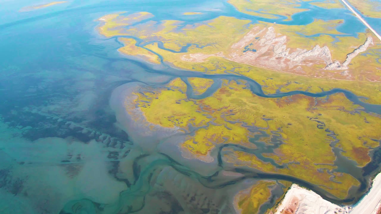Aerial Guerrero Negro frame with branching dark channels, yellow marsh-like flats, turquoise water to the left, pale exposed ground to the lower right, and no visible people.