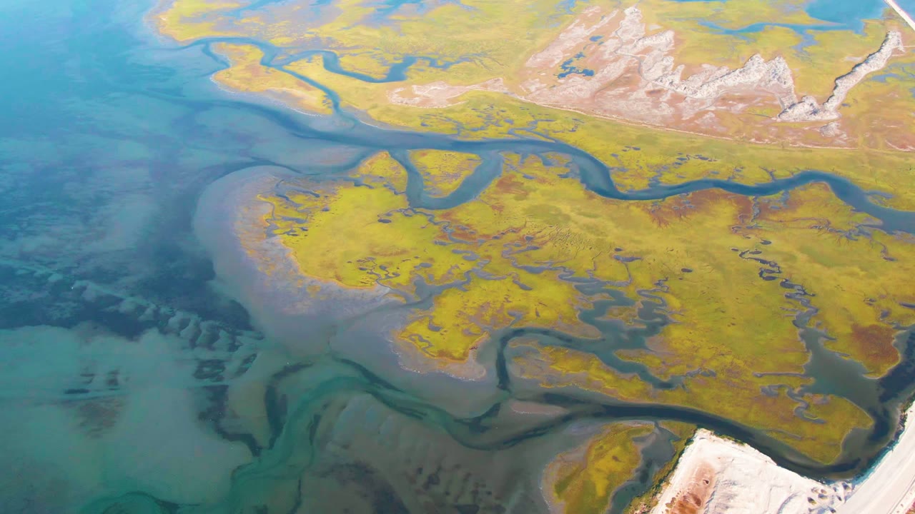 High drone-style view over Guerrero Negro with turquoise shallows, a rounded yellow-green land mass, dark winding channels, pale land strips, and no visible people.