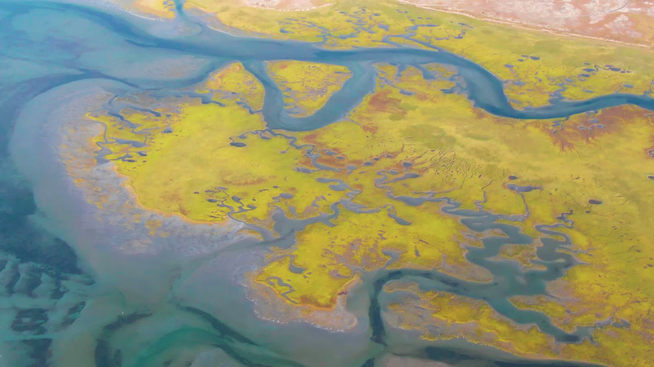 Opening frame of Guerrero Negro wetland flats in Baja California Sur, with blue-green channels cutting through yellow muddy land and no visible people.