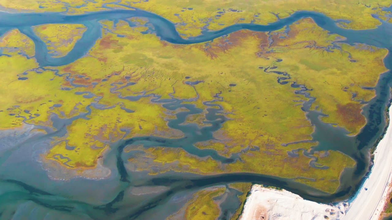 Guerrero Negro aerial view with yellow-green wetland, blue water channels, pale lower shoreline, and a light road starting to appear along the right edge, with no visible people.