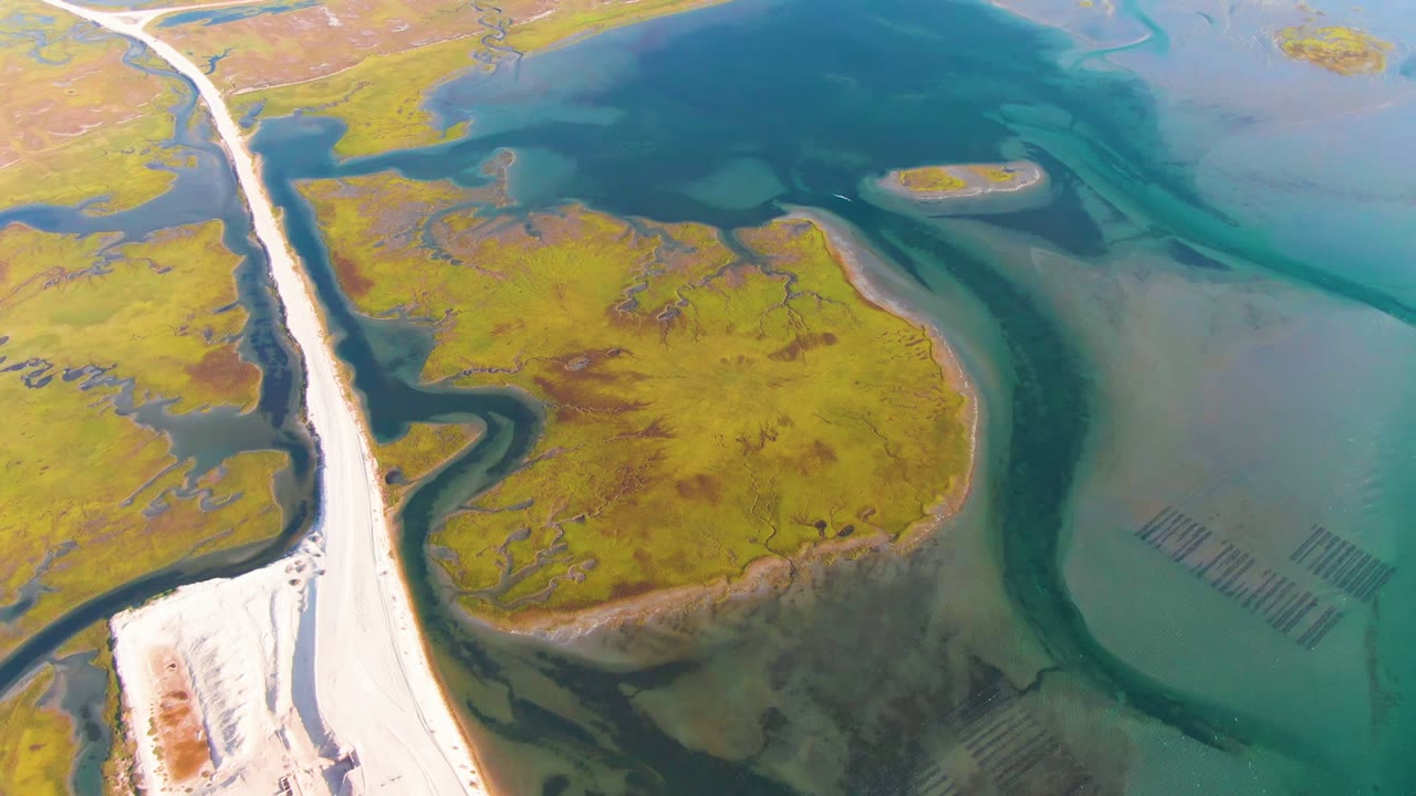 Aerial frame over Guerrero Negro showing a pale road along green marsh, branching waterways, turquoise lagoon water, white sand or salt edges, and no visible people.