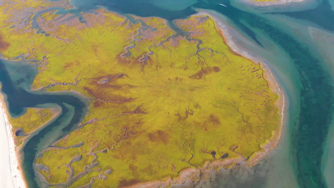 Yellow-green marsh island bordered by winding blue tidal water