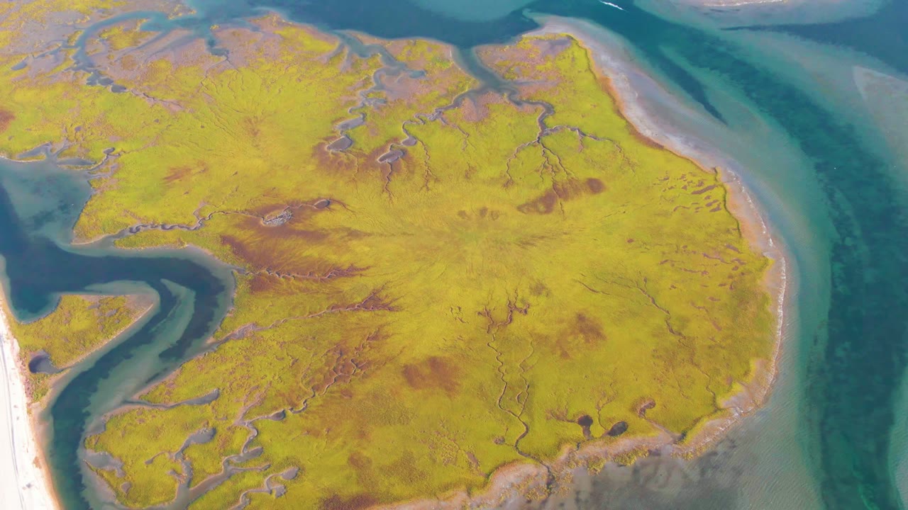 Aerial view in Guerrero Negro with a dark tidal inlet cutting into the lower left marsh, blue-green water wrapping the right side, and no visible people.