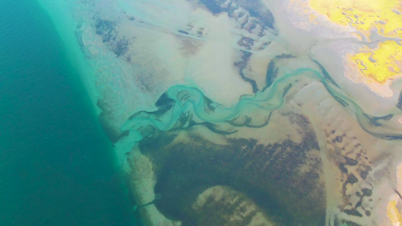 Aerial frame of a green-blue channel threading through wet sand and mudflats.