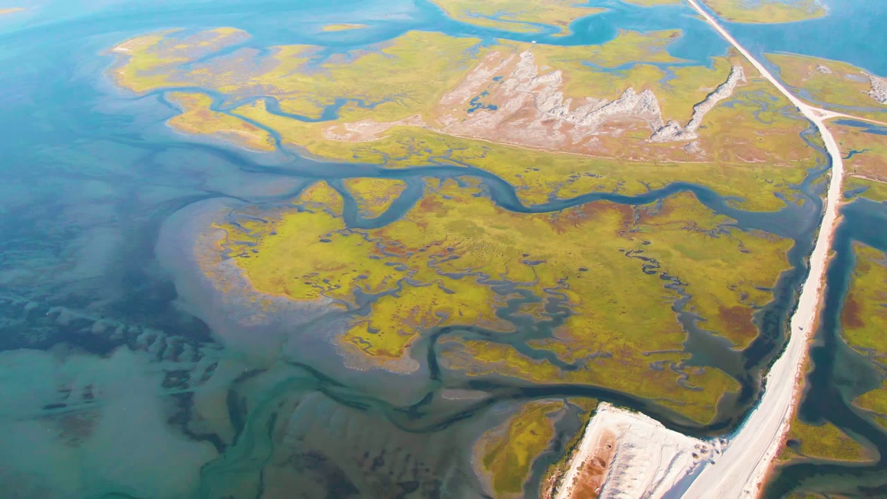 High drone view in Guerrero Negro with turquoise shallows on the left, yellow-green marsh in the center, a pale road along the right edge, and no visible people.