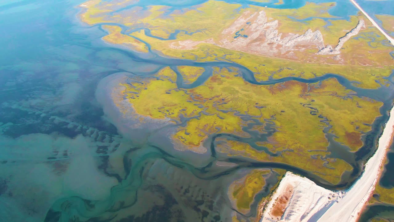 Meandering dark water channels crossing yellow-green marsh islands.