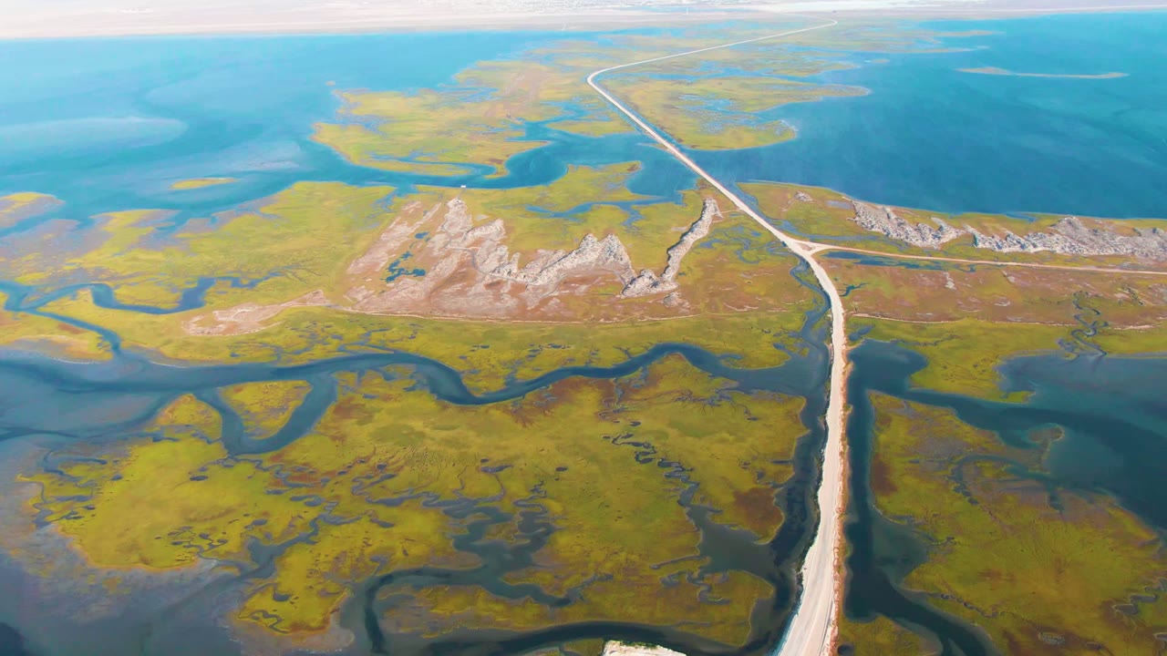 A wide Guerrero Negro wetland frame shows the pale road extending toward the horizon, with branching dark-blue channels crossing green marsh and no visible people.