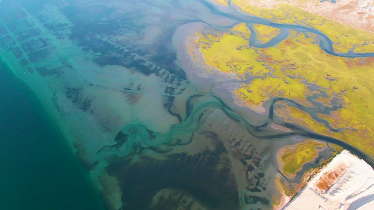 Opening aerial frame over Guerrero Negro tidal flats with turquoise shallows on the left, yellow marshland on the right, dark mud channels below, and no visible people.