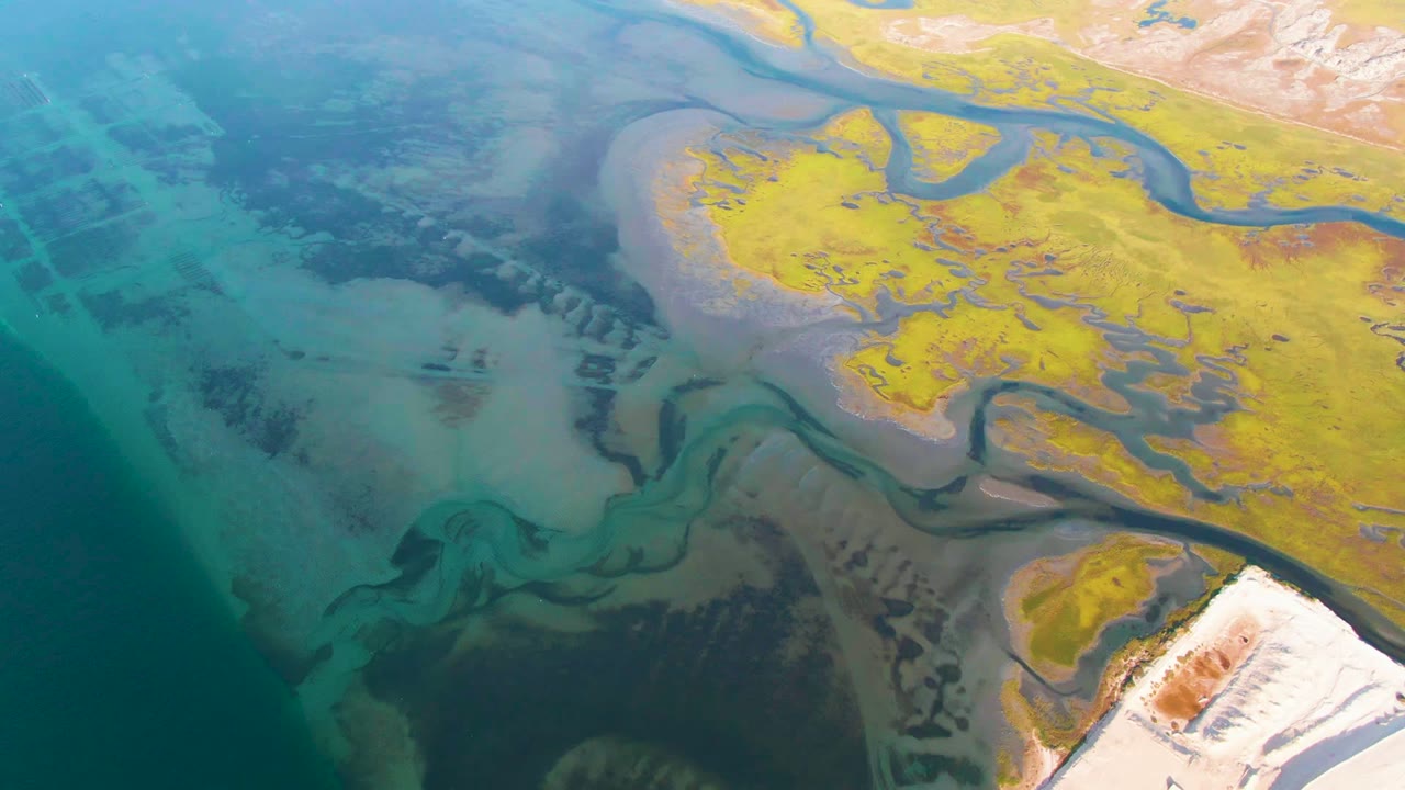 Guerrero Negro aerial frame with milky turquoise shallows, dark submerged patches, curved water channels, yellow tidal vegetation, and no visible people.