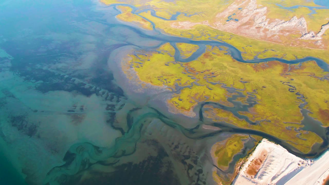 Aerial frame over Guerrero Negro, Baja California Sur, showing turquoise water, dark winding channels, yellow-green terrain, pale white ground at the lower right, and no visible people.