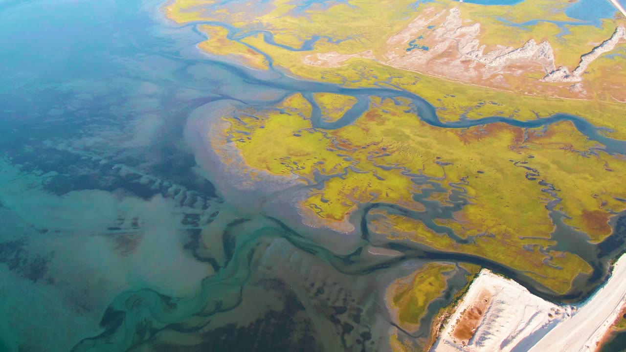 High aerial frame over Guerrero Negro, Baja California Sur, showing branching blue channels across yellow-green terrain, pale ridged white ground near the bottom right, and no visible people.