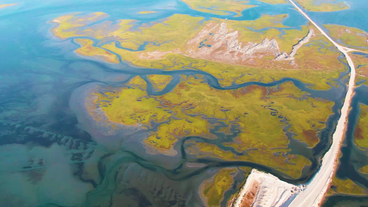 Aerial Guerrero Negro frame with yellow-green marsh terrain across the center, darker water channels curving through it, blue water surrounding the flats, the road on the right edge, and no visible people.