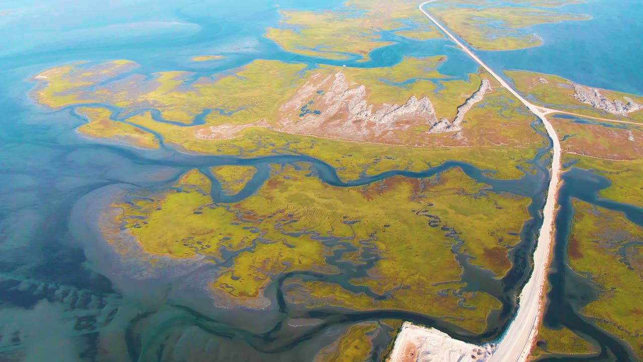 Opening aerial frame over Guerrero Negro wetland channels, with a pale causeway running upward through green and yellow marsh and no visible people.