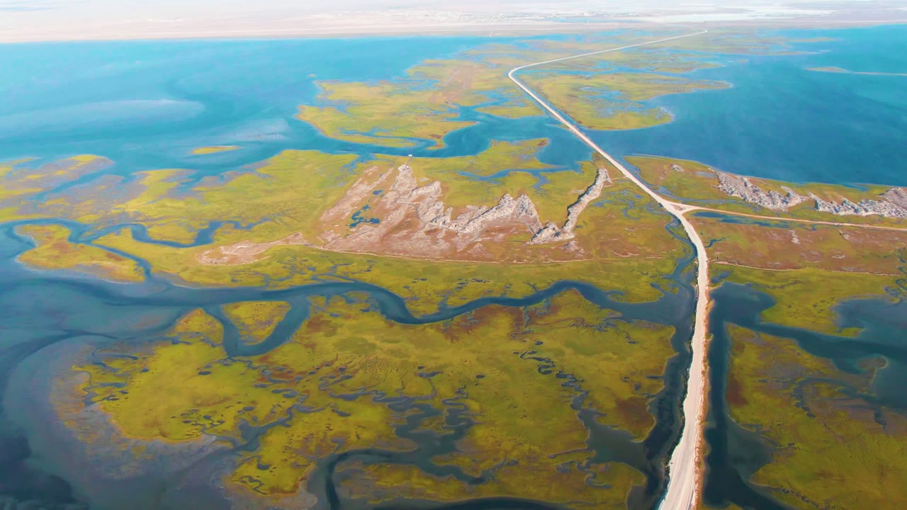 The Guerrero Negro wetland road remains centered as green marsh patches and blue waterways spread across the foreground and open water fills the upper frame, with no visible people.