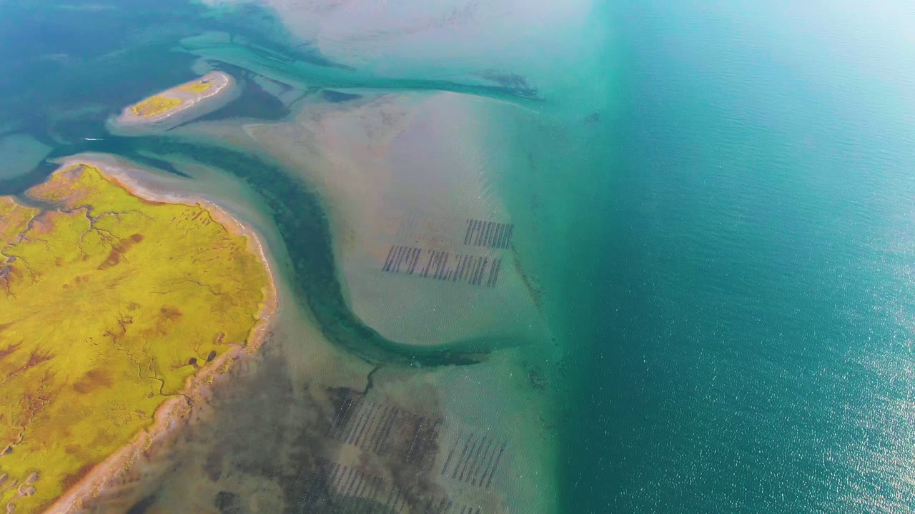 Aerial coastal lagoon with yellow land, a dark channel, and submerged rectangular grids.