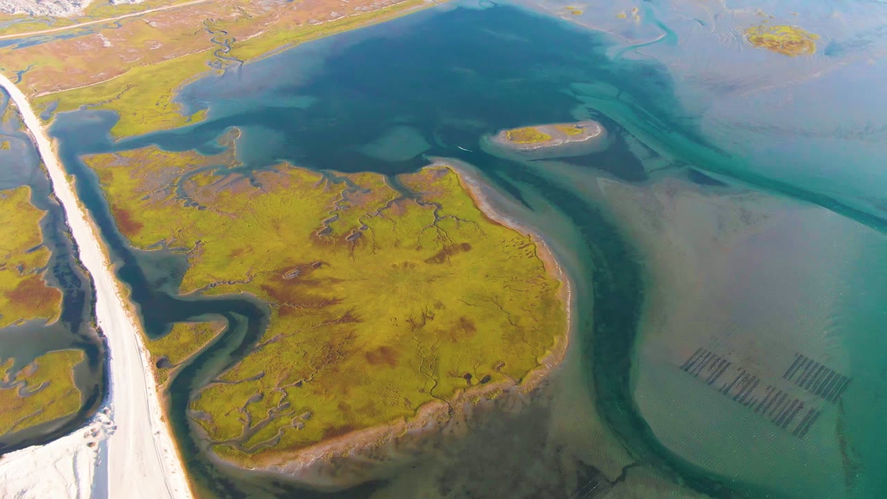High overhead frame from Guerrero Negro showing a dark curved water channel around green marshland, pale shoreline at left, turquoise flats at right, and no visible people.