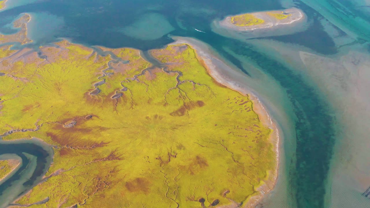 Overhead sandbar edge beside a dark tidal channel