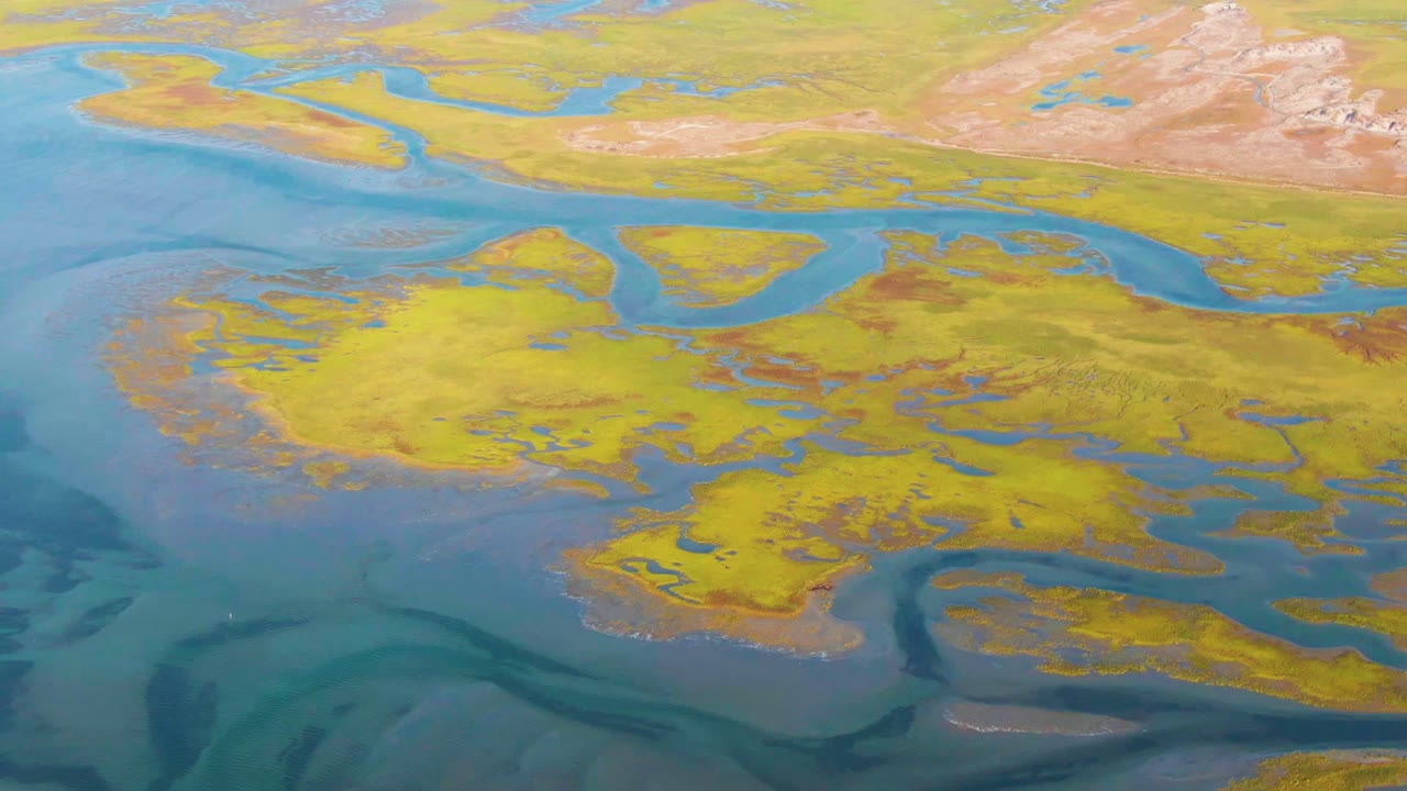 Aerial view over Guerrero Negro wetlands with blue water channels crossing yellow-green terrain, pale hills at the top of frame, and no visible people.