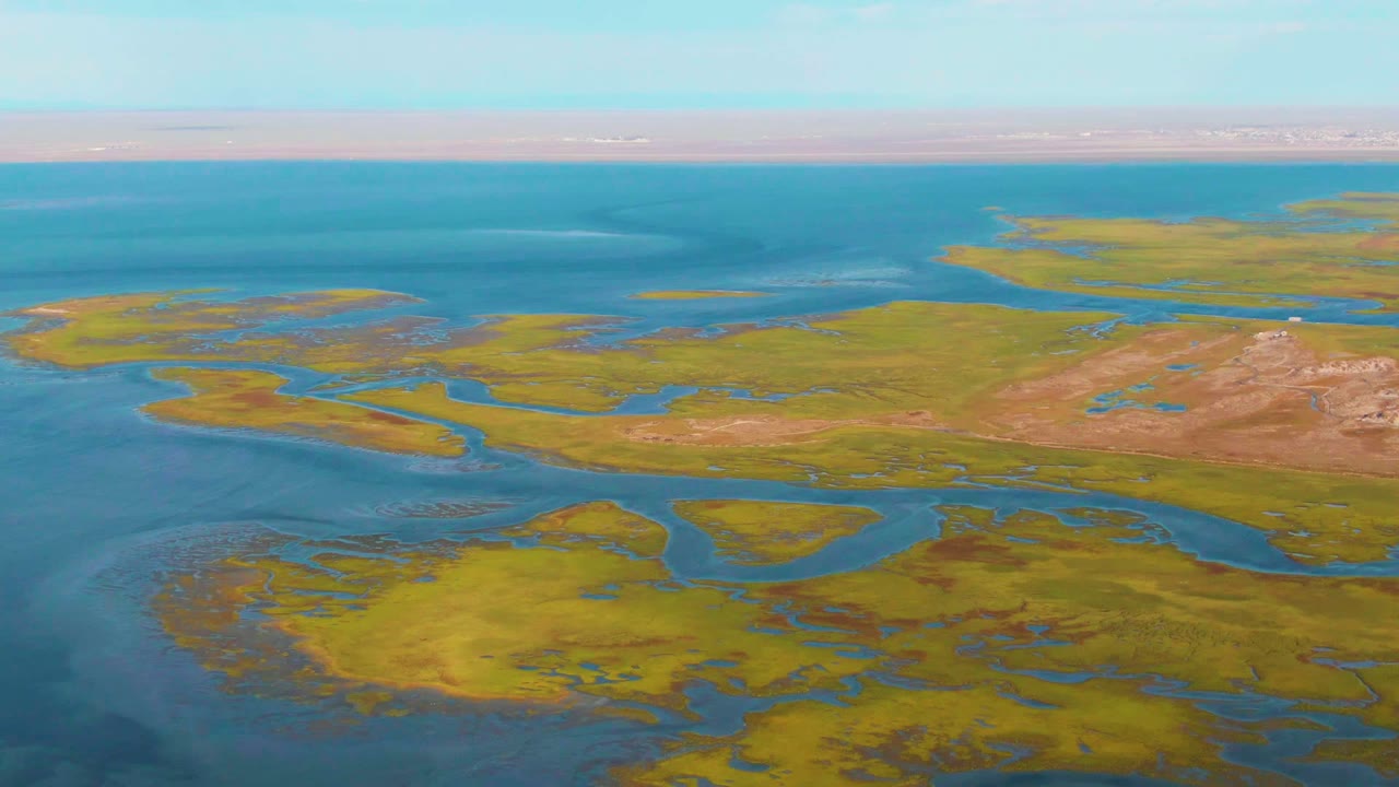 Aerial wetland view with branching blue channels through green marsh.