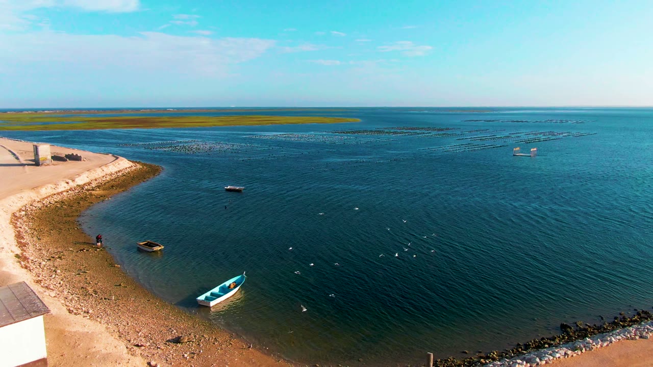 Anchored small boat beside a curved shoreline with open blue water and distant boats.