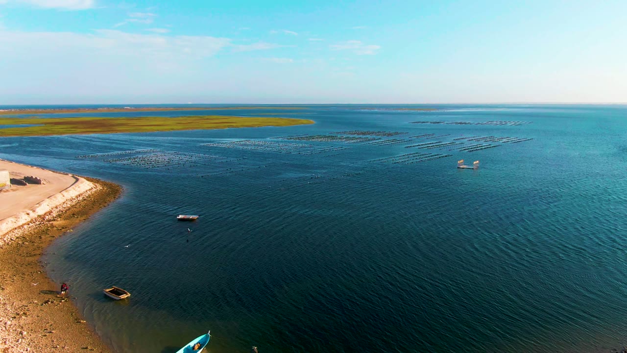 Aerial view in Guerrero Negro with a small blue boat appearing at the lower edge, sandy shore to the left, floating rows offshore, and no visible people.