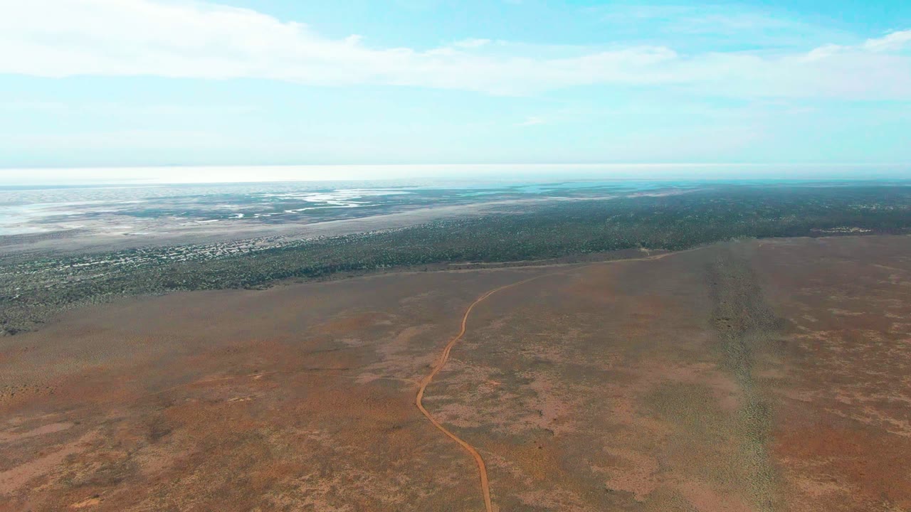 At 0:02, the aerial frame shows the dirt road curving through the brown Guerrero Negro field while the dark tree line forms a horizontal band below the bright water horizon, with no visible people.