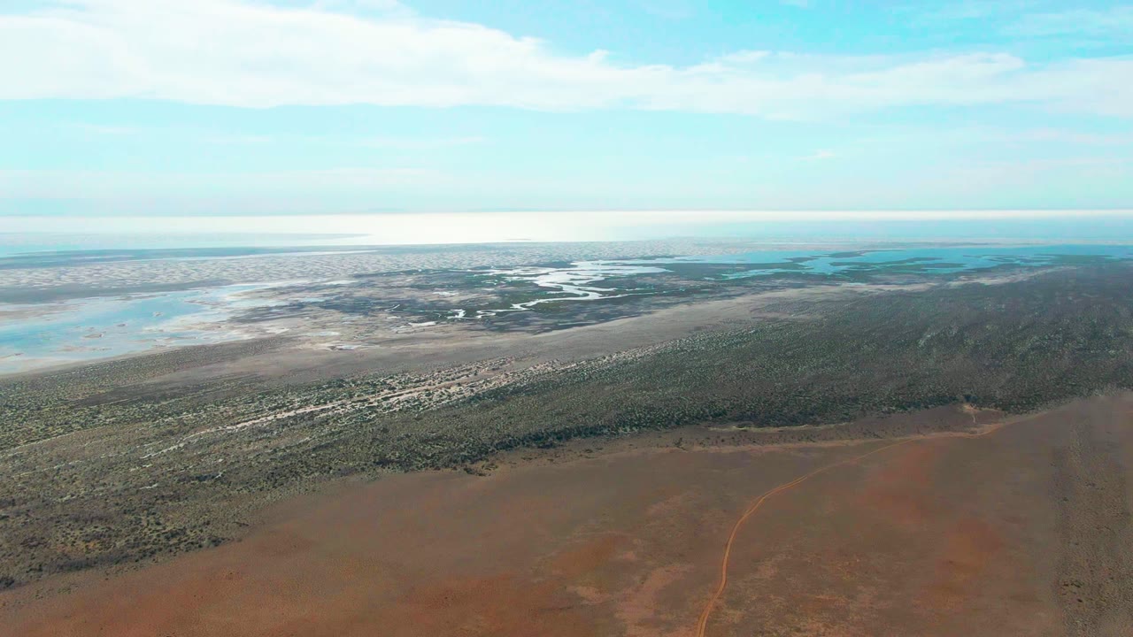 Third frame over Guerrero Negro, Mexico, with the reddish foreground track area, mottled green vegetation, shallow blue water beyond, a bright horizon, and no visible people.
