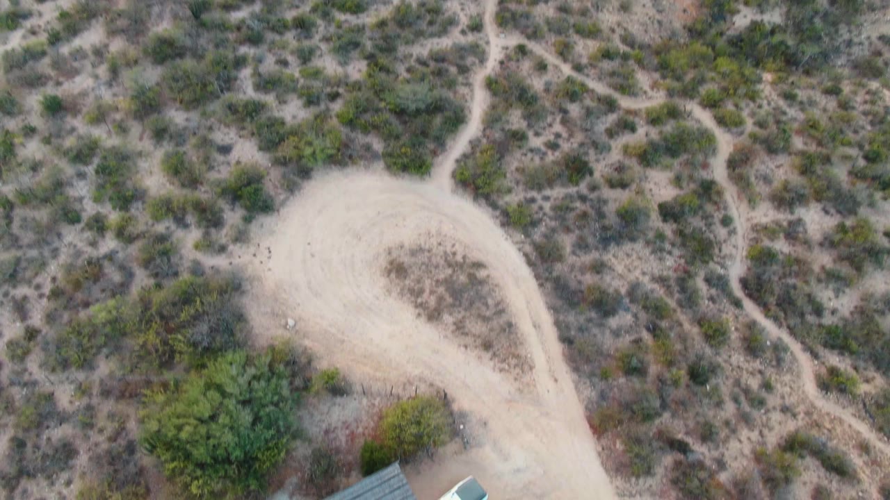 Overhead Cabo Pulmo frame where the curved dirt road fills the right side and part of a light-roofed residential structure appears at the lower edge, with no visible people.