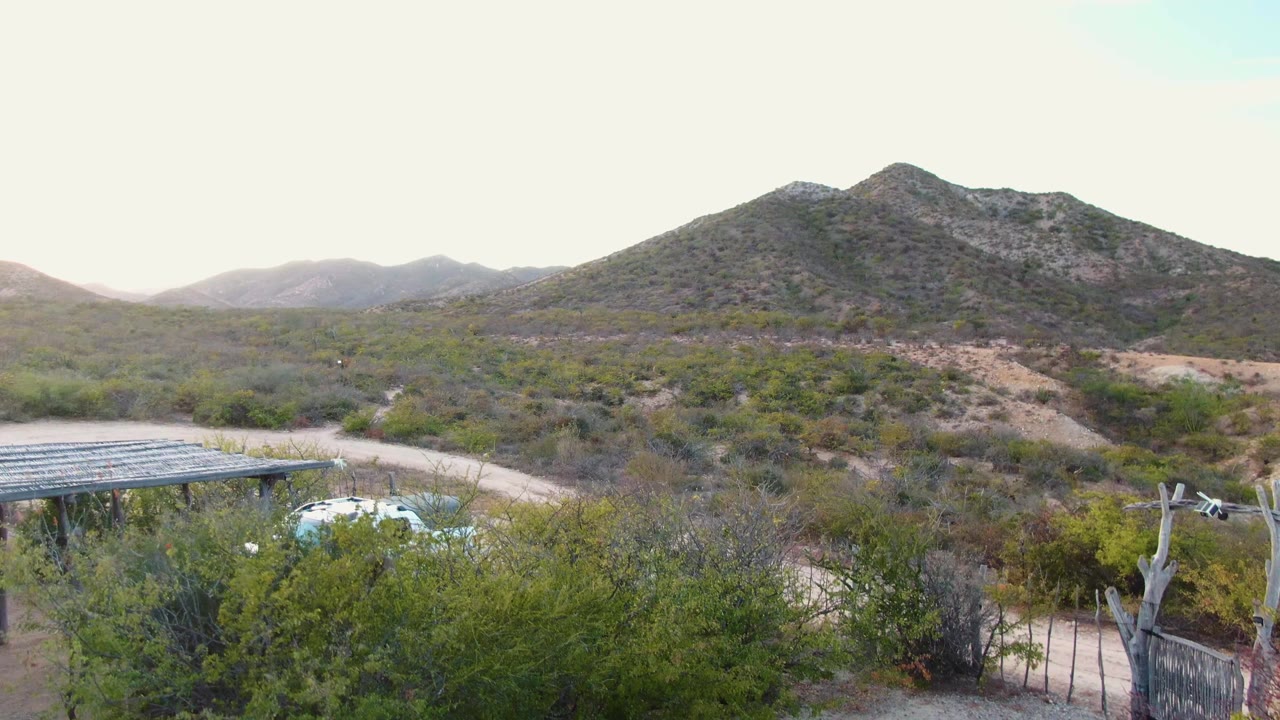 Cabo Pulmo desert frame with the white car lower in the view near shrubs, the carport roof at left, a curving dirt road, distant hills, and no visible people.