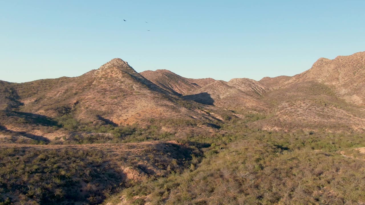 Wide aerial view of arid mountain ridges and scrub vegetation in Cabo Pulmo, Baja California Sur, with clear sky above and no visible people.