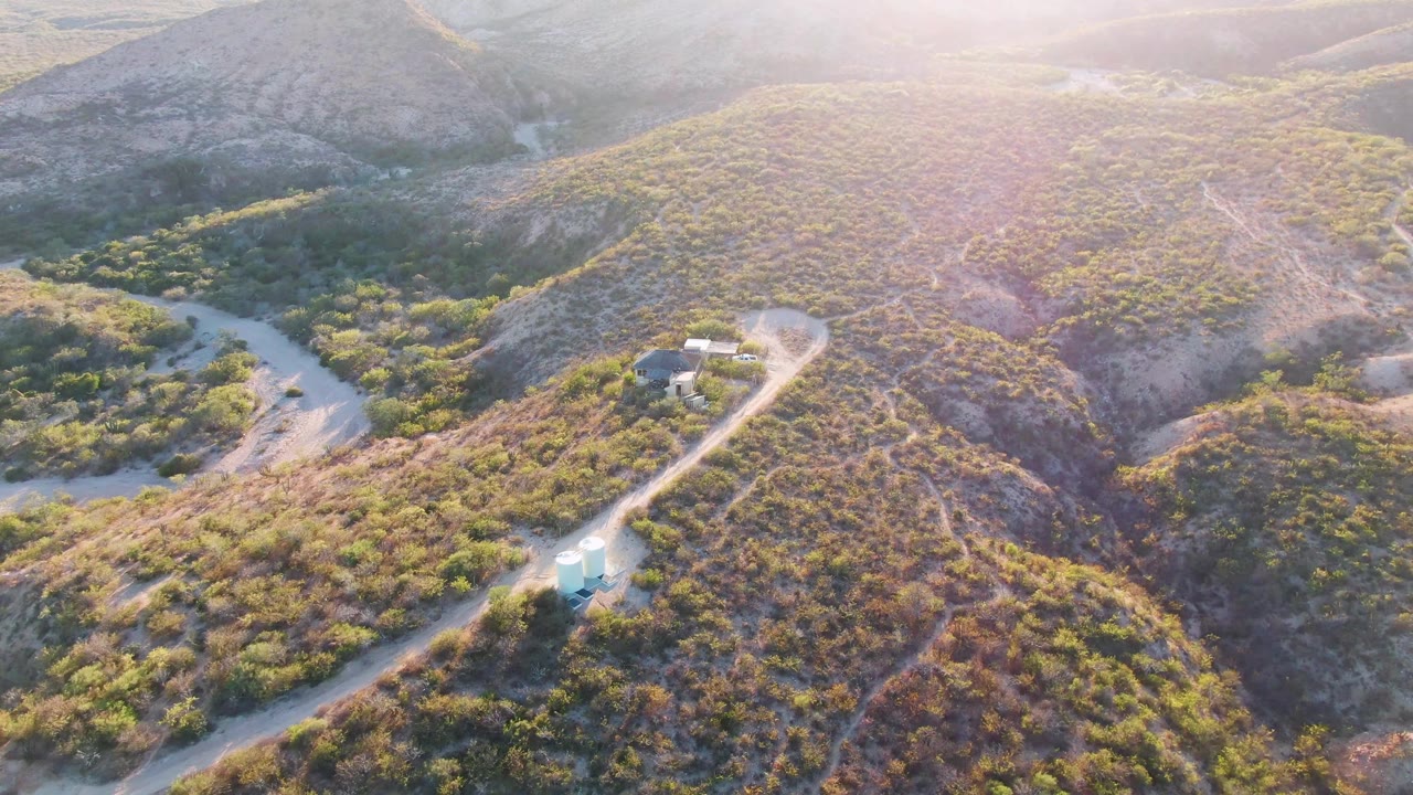 Drone-height view over Cabo Pulmo, Baja California Sur, with a blue car on the lower road, branching dirt tracks across the hillside, warm light, and no visible people.