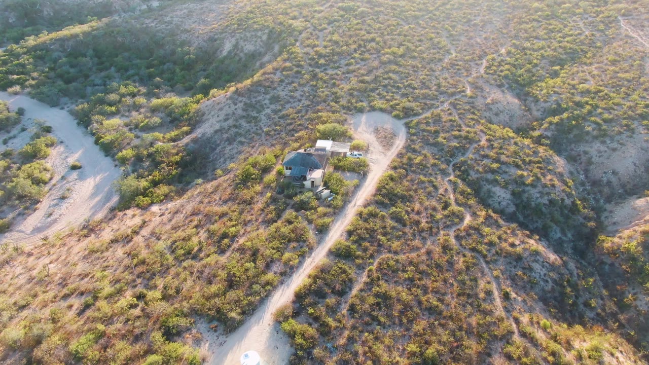A high drone frame in Cabo Pulmo, Baja California Sur showing small buildings beside a winding dirt road on a sunlit brushy hillside, with no visible people.
