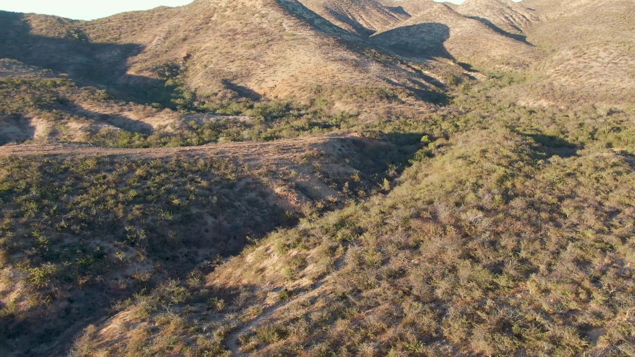 Aerial landscape in Cabo Pulmo, Baja California Sur, showing scrub-covered hills in the foreground, darker vegetation in a valley, distant mountains, and no visible people.