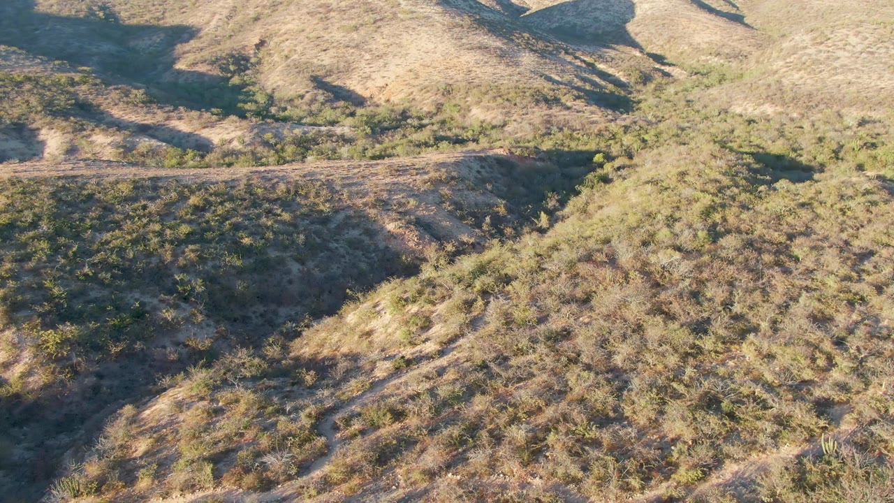 Closer aerial view in Cabo Pulmo, Baja California Sur, with the frame filled by dry hillside, scattered shrubs, a dark gully, and no visible people.