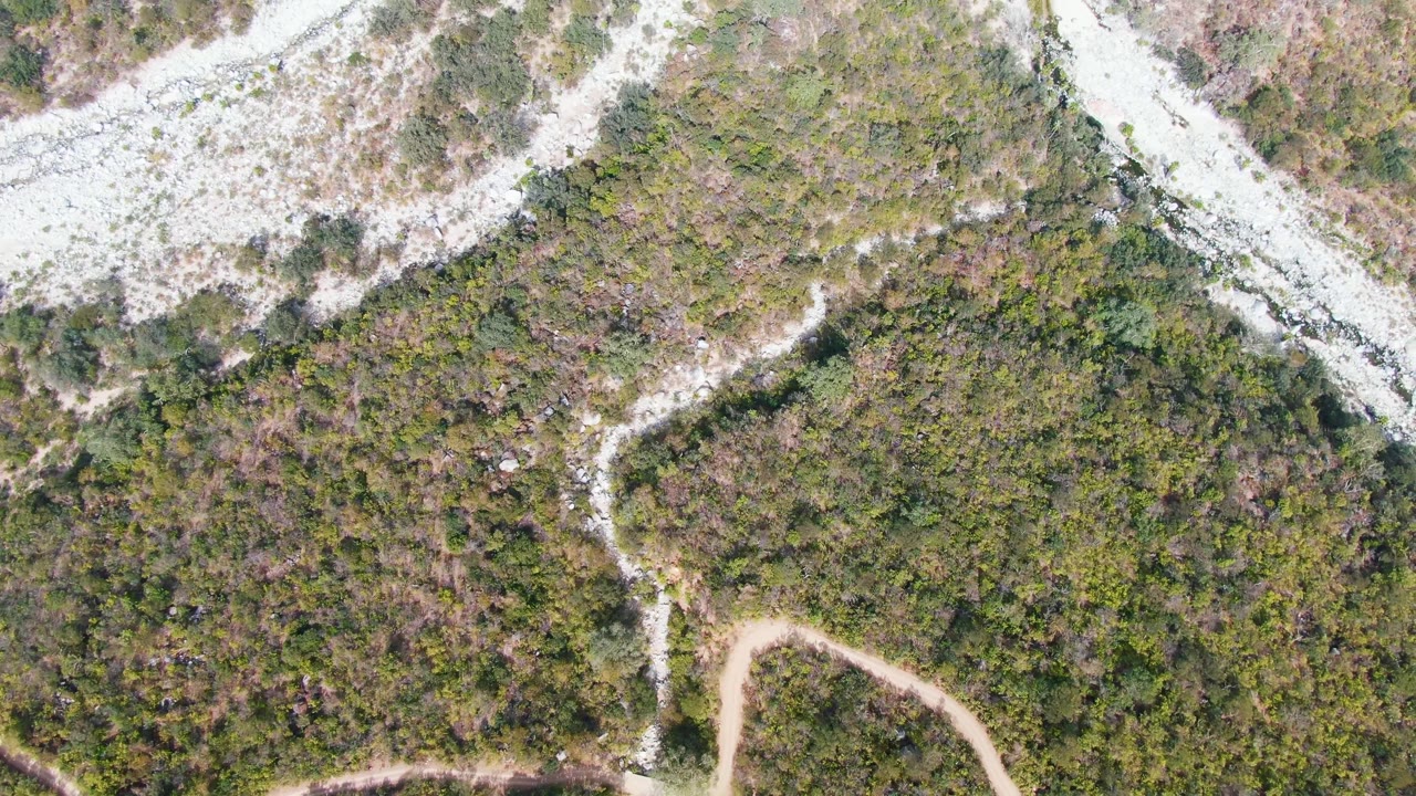 At 0:03, the aerial view over San Dionisio places the dirt bend along the lower edge, dense scrub in the middle, and a pale rocky wash across the top, with no visible people.