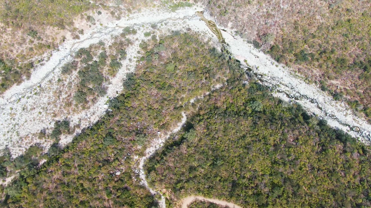Overhead frame from San Dionisio, Baja California Sur showing a pale dirt road bending through green and brown hillside vegetation with no visible people.